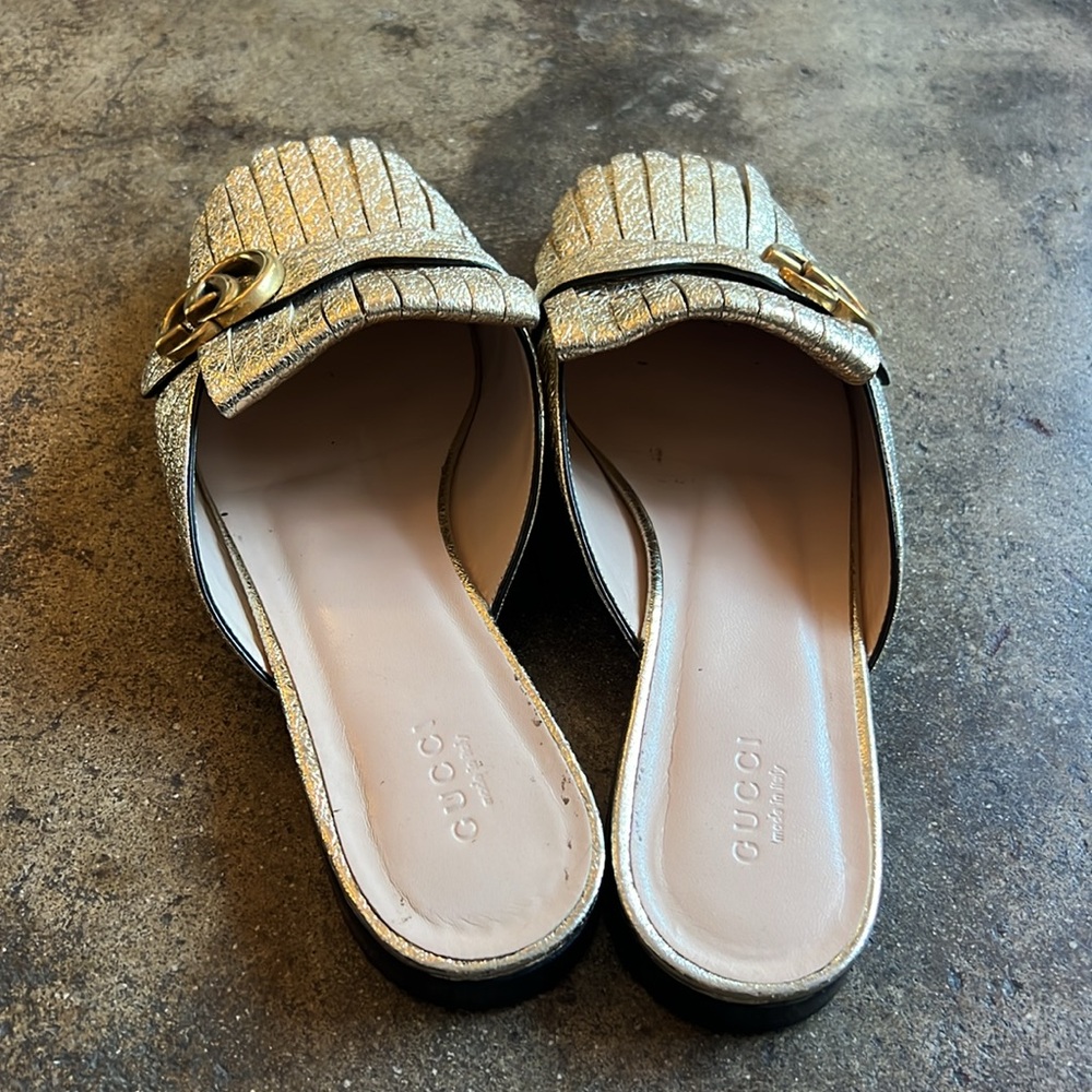 Gucci golden metallic Fringe slide on loafer mules - Picture 9 of 11